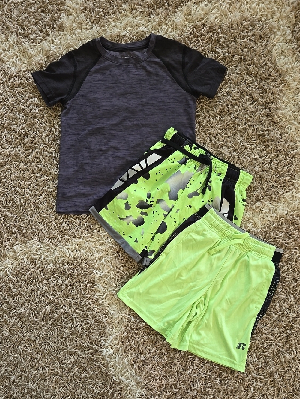 Russell Athletics Neon Lime Athletic Shorts with Gray Raglan Tee
